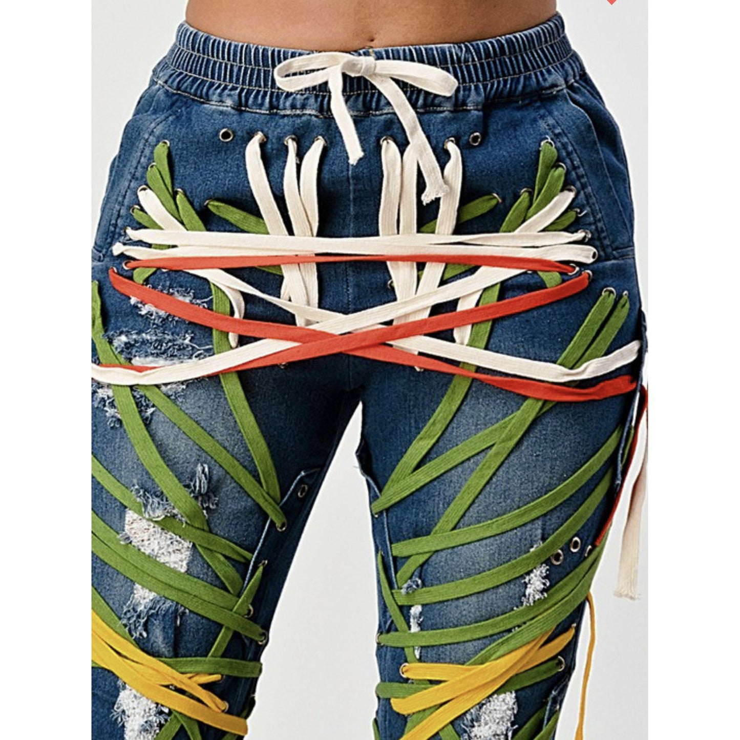 All over lace up multicolored jeans