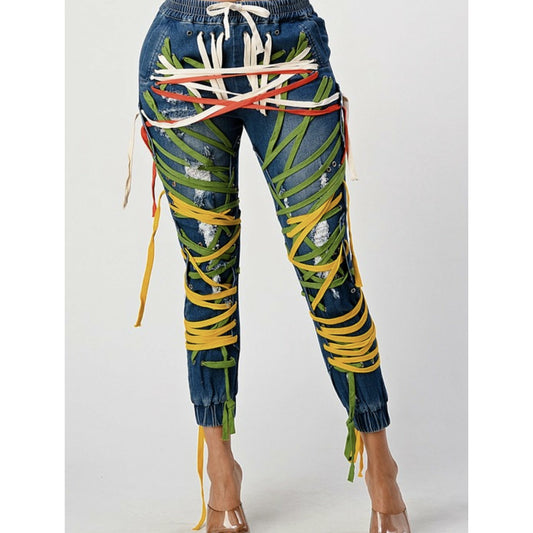 All over lace up multicolored jeans